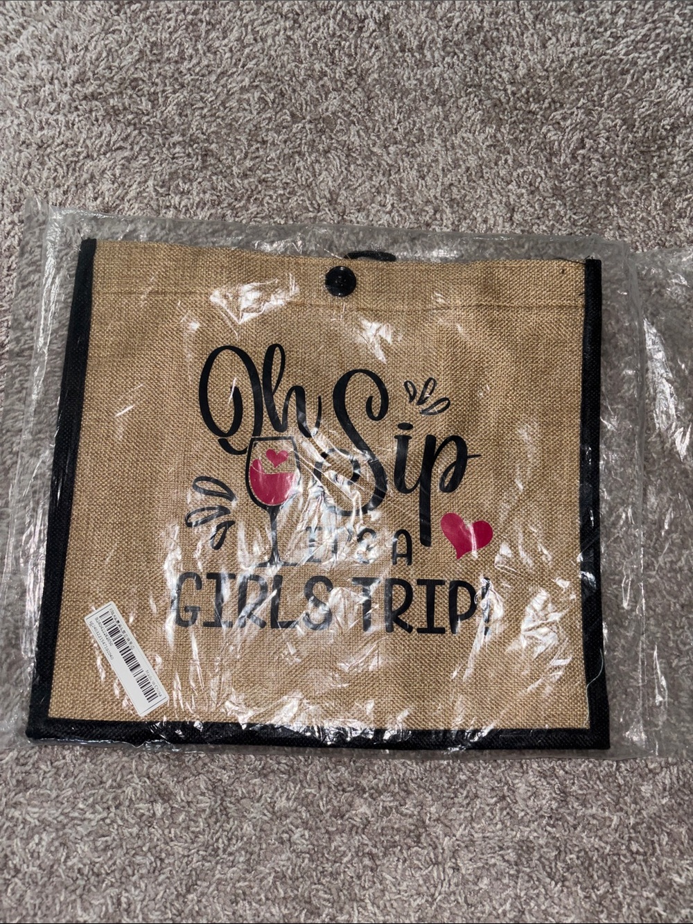 Oh Sip It's A Girls Trip Jute Tote Bag - Natural & Black with Pink Accents